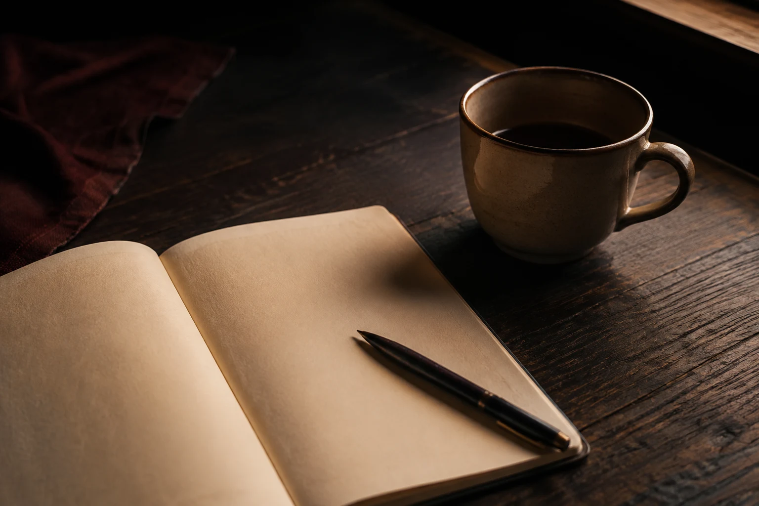 An illustrative still life of a notebook, pen and cup on a writing desk